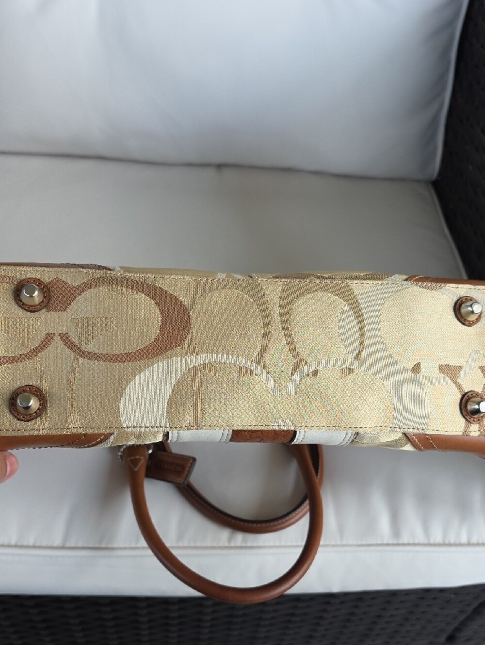 Coach Hampton Optic Tan and White Signature Stripe Satchel - Picture 6 of 16